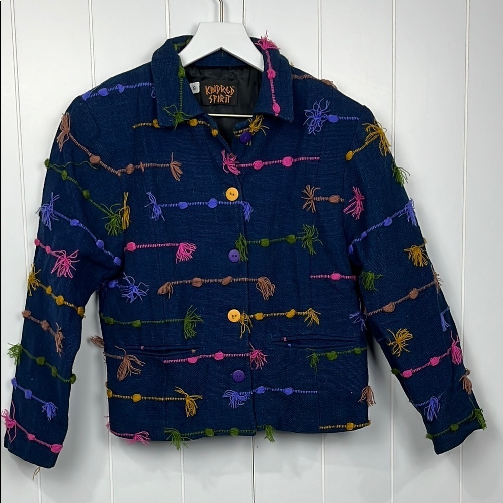 Kindred Spirit Women Blazer S Multicolor Woven Jacket Fringe Cotton Blend Unique